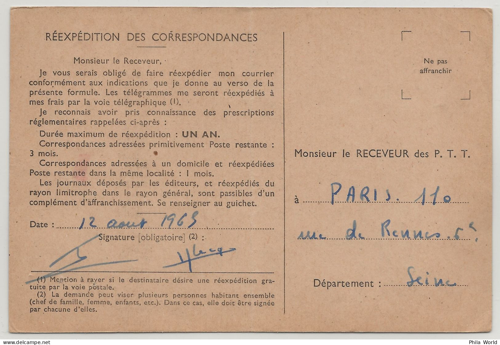 FRANCE 1965 Carte Réexpédition Correspondances Receveur PTT Poste Aérienne CARAVELLE PA 40 - Briefe U. Dokumente
