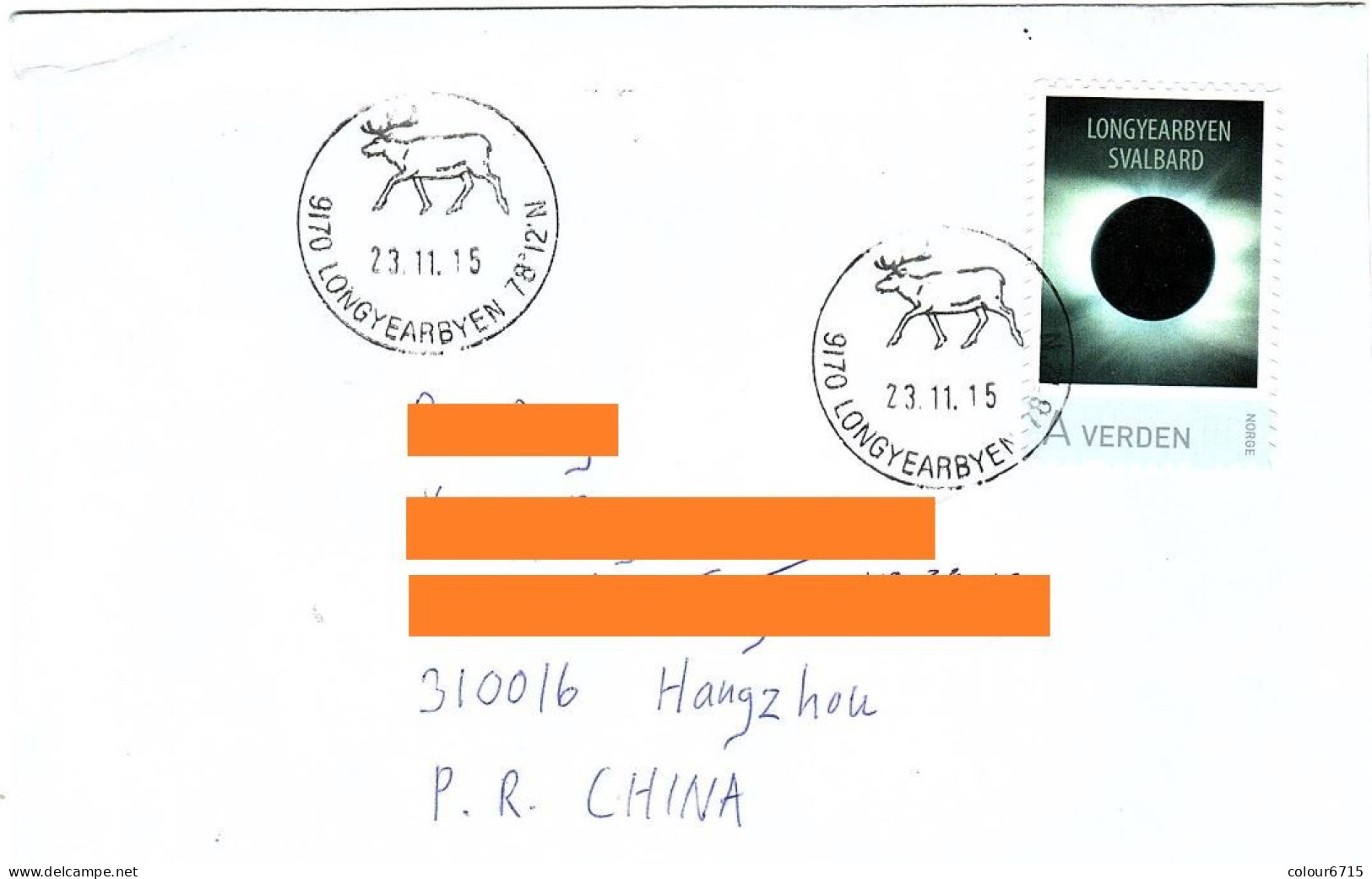 Norway Air Mail Cover To China — 2015 Solar Eclipse Personalized Stamp With Reindeer Special Postmark - Brieven En Documenten