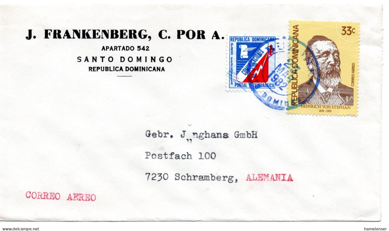 60839 - Dominikanische Republik - 1982 - 33c Von Stephan EF + ZwZuschl A LpBf SANTO DOMINGO -> Westdeutschland - UPU (Wereldpostunie)