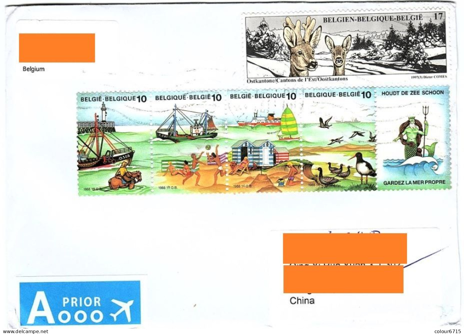 Belgium Air Mail Cover To China — 1988 Environmental Protection Of The Ocean/1997 The Canton De L'Est Area Stamps - Lettres & Documents