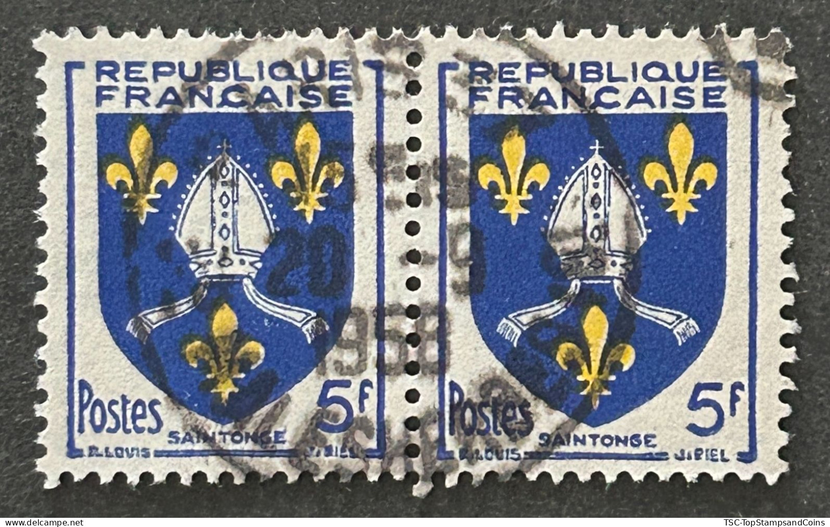 FRA1005Ux2h2 - Armoiries De Provinces (VII) - Saintonge - Pair Of 5 F Used Stamps - 1954 - France YT 1005 - 1941-66 Coat Of Arms And Heraldry