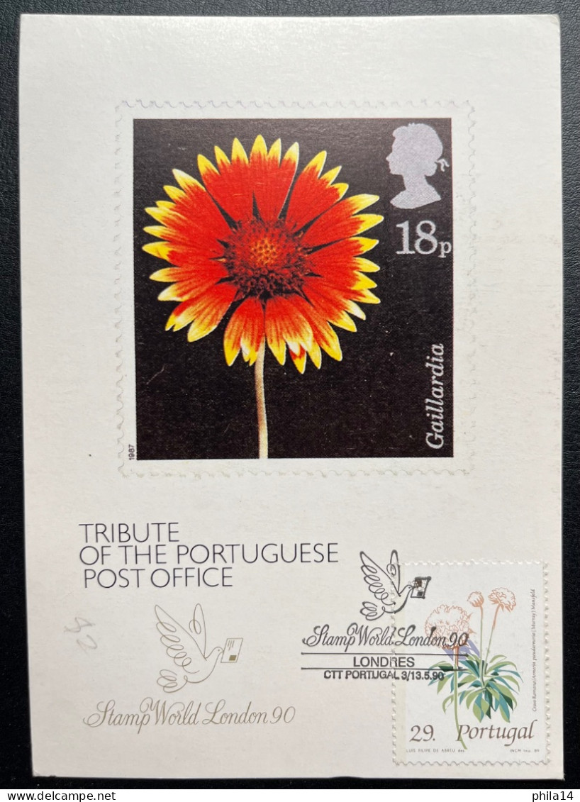 CARTE TRIBUTE OF THE PORTUGUESE POST OFFICE / STAMP WORLD LONDON 90 / FLEUR - Poststempel (Marcophilie)