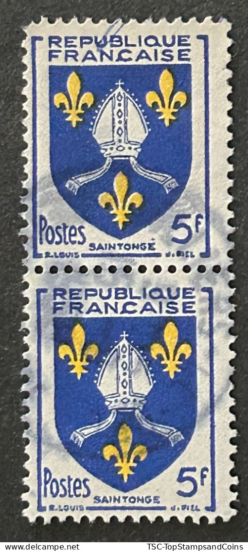 FRA1005Ux2v - Armoiries De Provinces (VII) - Saintonge - Pair Of 5 F Used Stamps - 1954 - France YT 1005 - 1941-66 Escudos Y Blasones