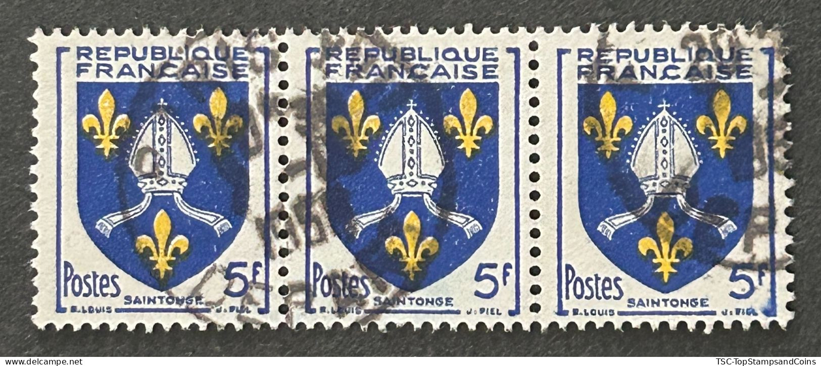 FRA1005Ux3h - Armoiries De Provinces (VII) - Saintonge - Stripe Of  3 X 5 F Used Stamps - 1954 - France YT 1005 - 1941-66 Escudos Y Blasones