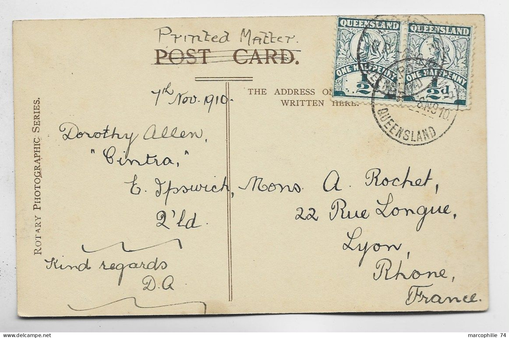 QUEENSLAND 1/2DX2 CARD FANTAISIE GREETINGS XMAS 1910 TO FRANCE - Cartas & Documentos