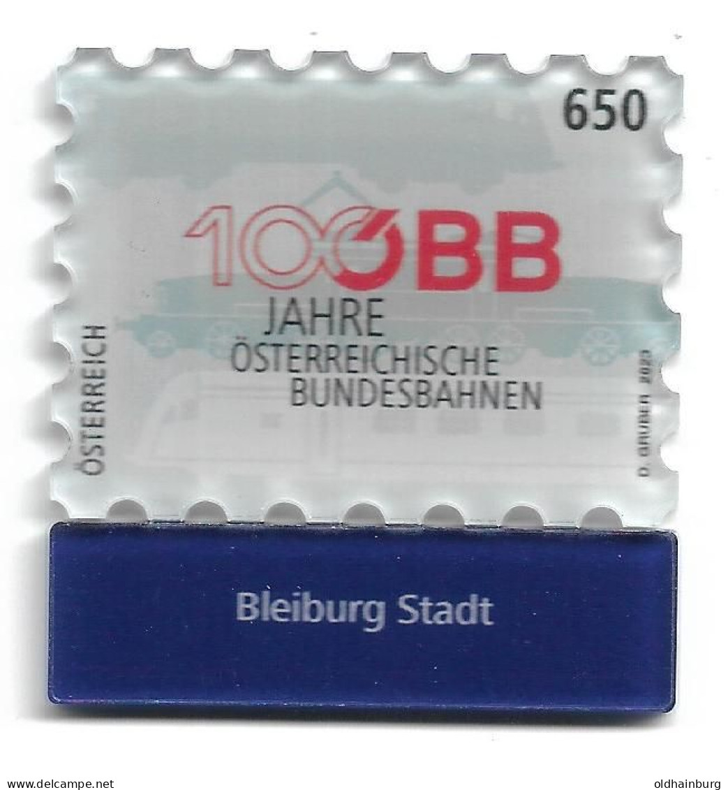 0101a: Österreich 2023, Eisenbahn, Bundesbahn ÖBB, Acrylmarke Bahnhof Bleiburg Stadt & Post- Werbeblatt - Völkermarkt