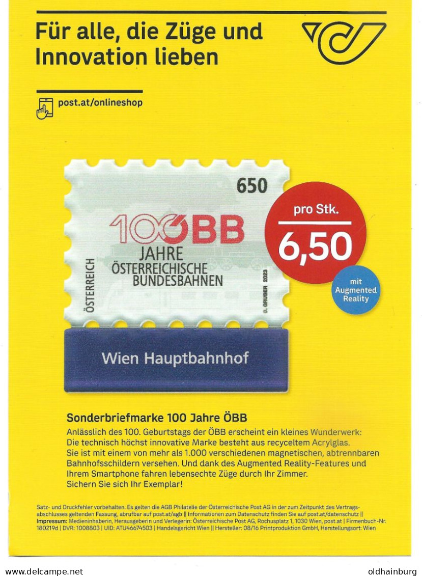 0101a: Österreich 2023, Eisenbahn, Bundesbahn ÖBB, Acrylmarke Bahnhof Bleiburg Stadt & Post- Werbeblatt - Völkermarkt