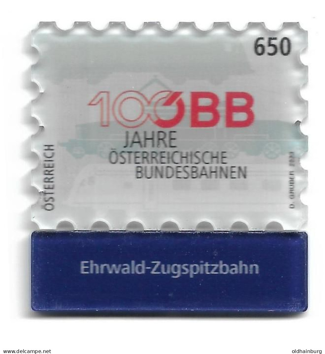 0101b: Österreich 2023, Eisenbahn, Bundesbahn ÖBB, Acrylmarke Bahnhof Ehrwald Zugspitzbahn & Post- Werbeblatt - Reutte