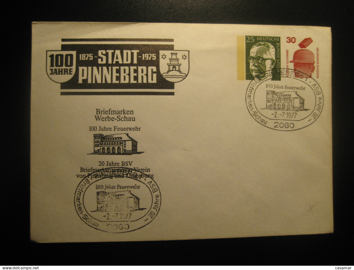 PINNEBERG 1977 100 Years Of Fire Service Firemen Fireman Cancel Postal Stationery Cover GERMANY - Sapeurs-Pompiers