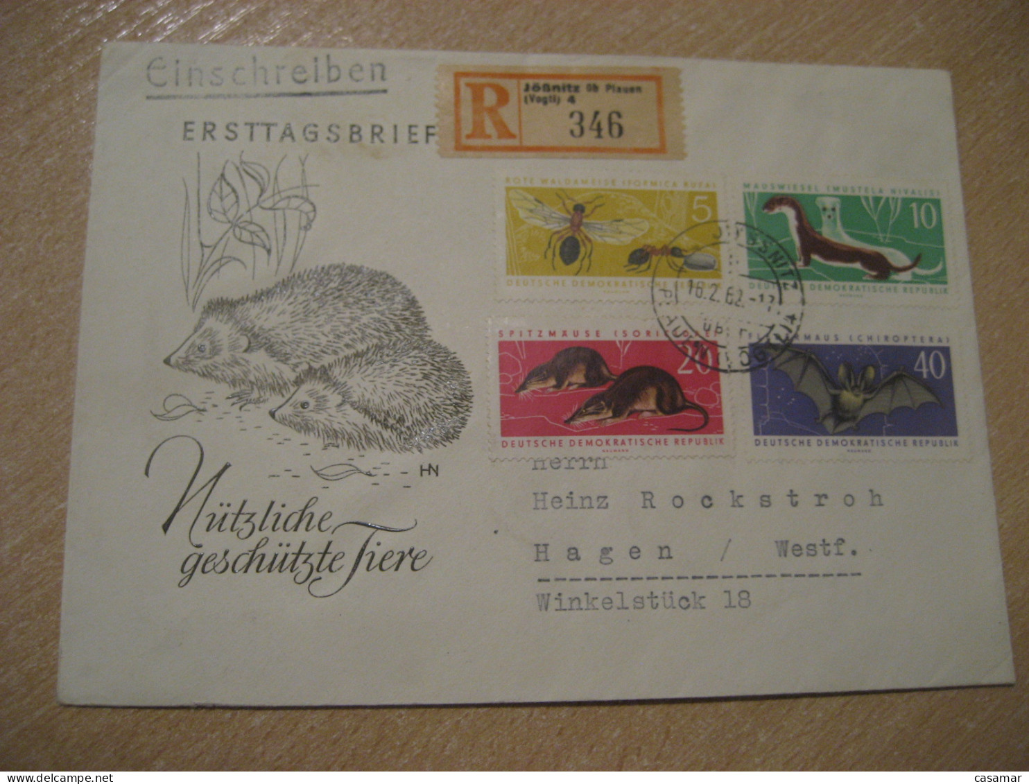 JOSSNITZ 1962 To Hagen Bat Bats Red Wood Ant Mouse Weasel Shrews Registered Cancel Cover DDR GERMANY Chauve Souris - Bats