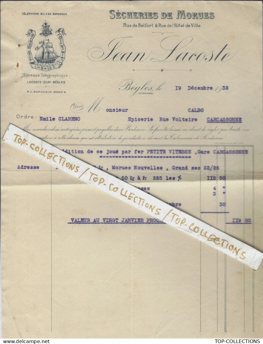 1932  ENTETE NAVIGATION NAVIRE PECHES D’ISLANDE MORUES PECHE DU BANC «Sécheries De Morues Jean Lacoste » Bègles Gironde - 1900 – 1949