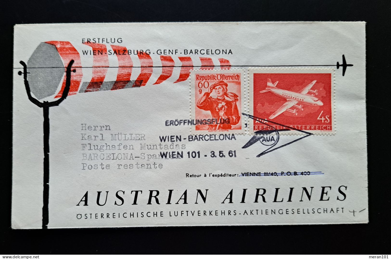 Österreich 1961, Erstflug WIEN-SALZBURG-GENF-BARCELONA - Primi Voli