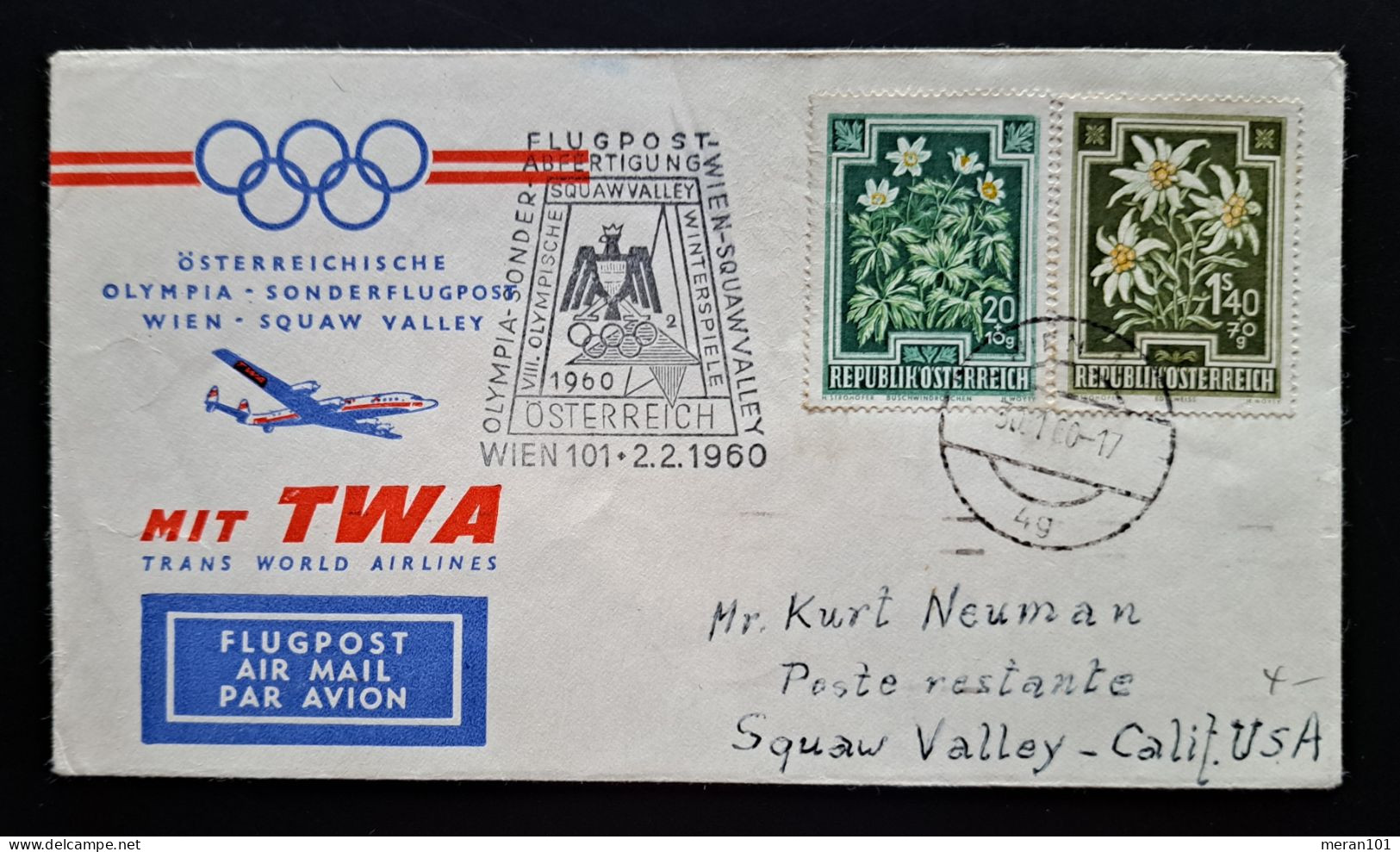 Österreich 1960, Olympia Sonderflug WIEN SQUAW VALLEY - Erst- U. Sonderflugbriefe