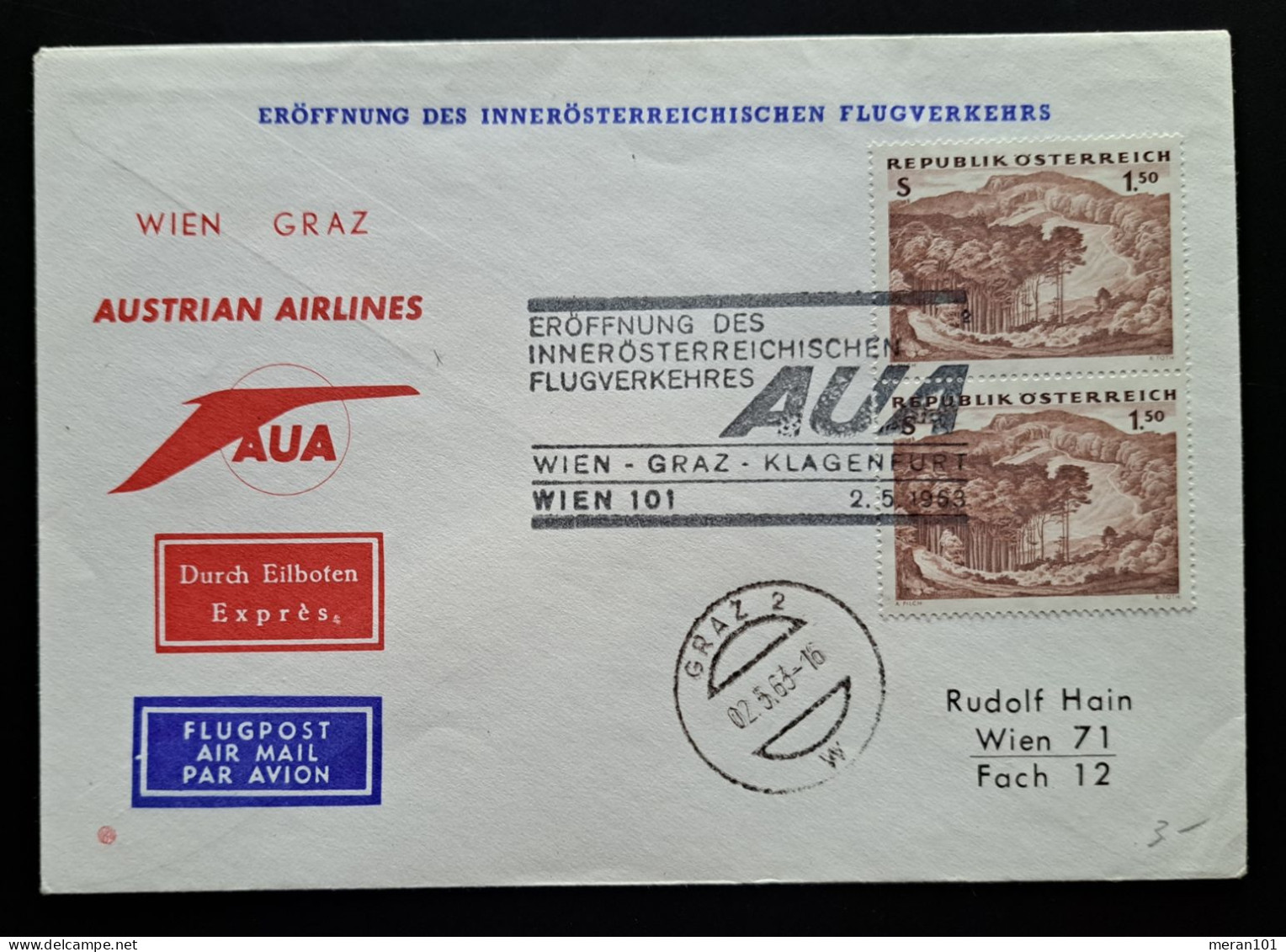 Österreich 1963, Erstflug WIEN-GRAZ-KLAGENFURT - Premiers Vols