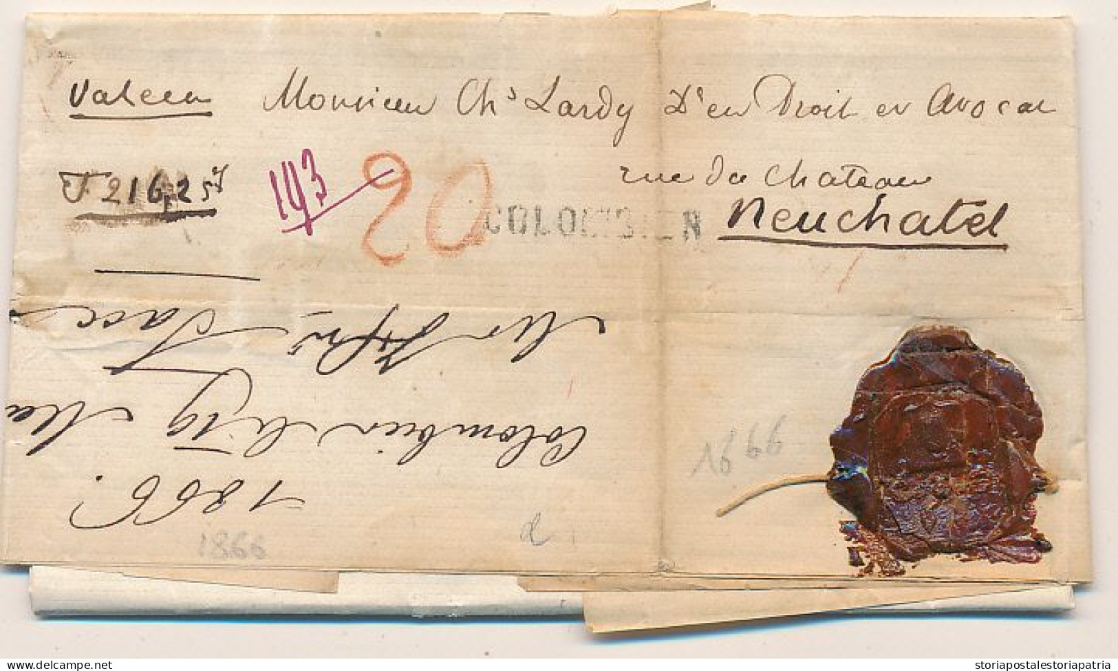 1866 SVIZZERA COLOMBIEN LINEARE NERO COMPLETA DI TESTO TASSA 20 + BEL SIGILLO CERALACCA SUL RECTO - ...-1845 Prephilately