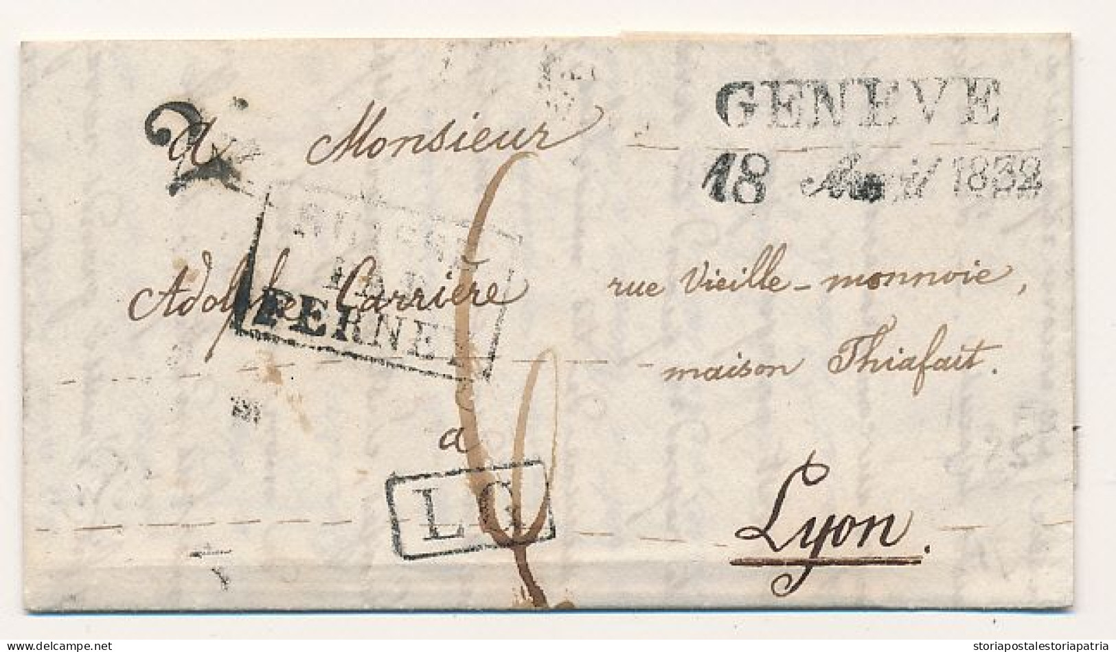 1832 SVIZZERA PREFILATELICA GENEVE LINEARE NERO CON DATA TASSA 6 X LIONE FRANCIA + LG +M SUISSE PAR FERNEX CARTELLE NERE - ...-1845 Prefilatelia