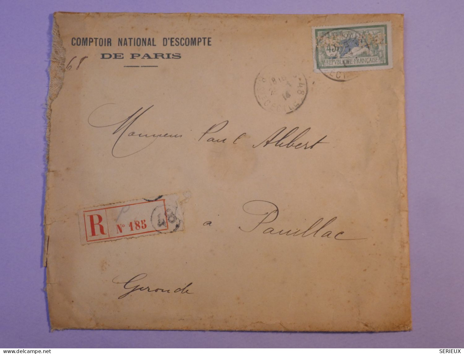 V45 FRANCE RARE LETTRE RECO MERSON PERFORé 1914 CNE PARIS A PAUILLAC  ++CACHETS CIRE ROUGE ++ + - Cartas & Documentos