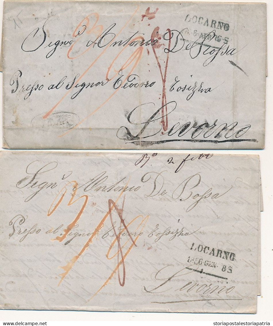 1856 SVIZZERA PREFILATELICA LOCARNO LINEARE NERO CON DATA DUE LETTERE X LIVORNO GRANDUCATO TOSCANA TASSA  3/9 + 8 ARRIVI - ...-1845 Prephilately