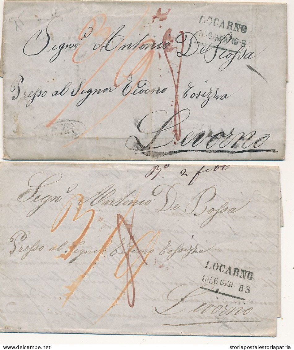 1856 SVIZZERA PREFILATELICA LOCARNO LINEARE NERO CON DATA DUE LETTERE X LIVORNO GRANDUCATO TOSCANA TASSA  3/9 + 8 ARRIVI - ...-1845 Préphilatélie