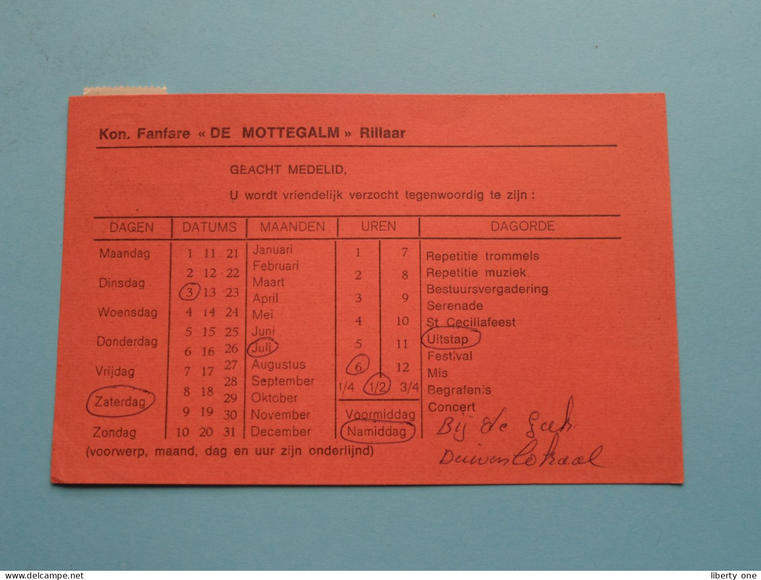 RILLAAR >> Uitnodiging Kon. FANFARE " DE MOTTEGALM " ( Voir / Zie SCAN ) Briefkaart > Anno 1971 ! - Aarschot