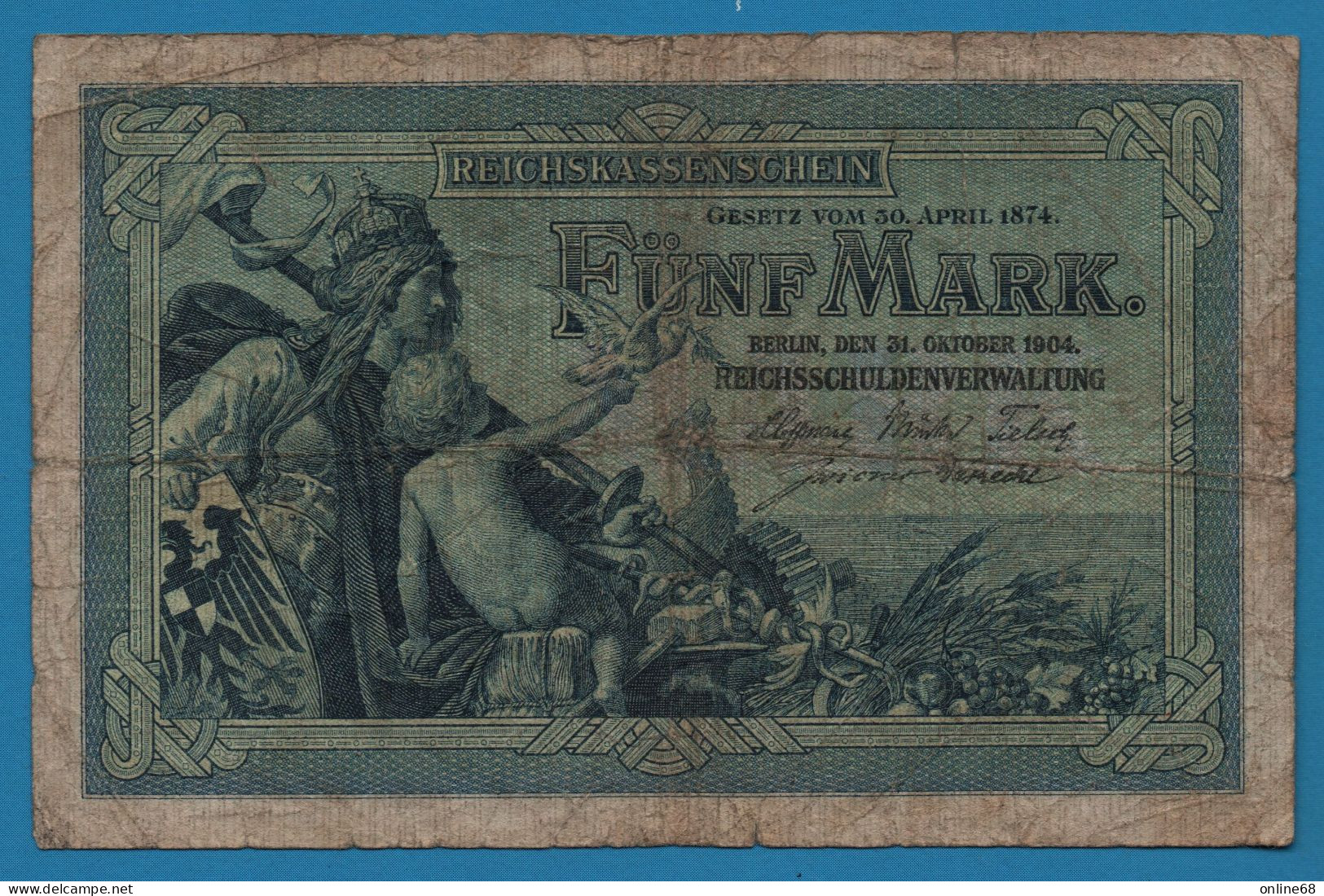 DEUTSCHES REICH 5 MARK 31.10.1904 #T.360631 P# 8a Dragon - 5 Mark