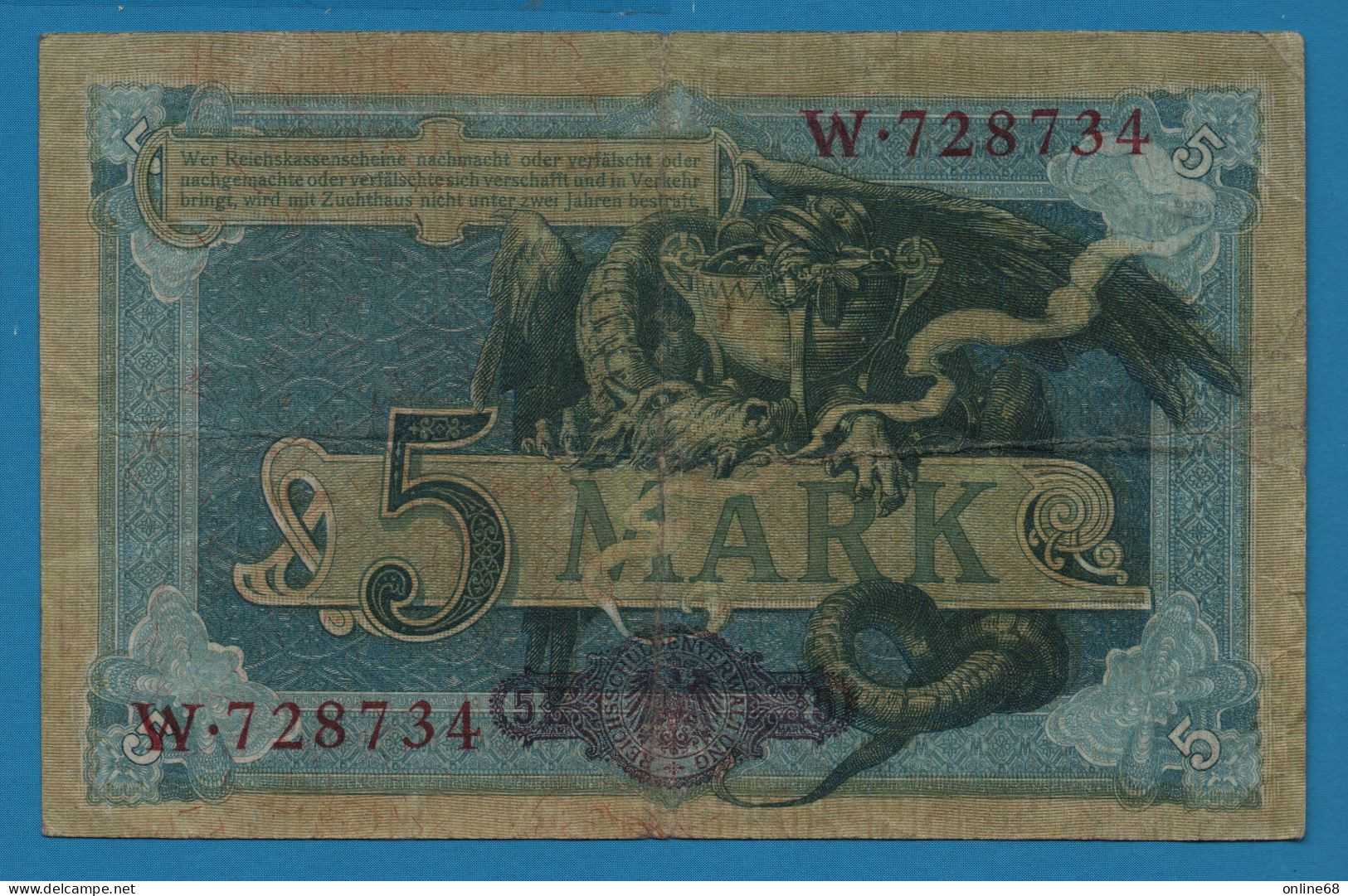 DEUTSCHES REICH 5 MARK 31.10.1904 # W.728734 P# 8a Dragon - 5 Mark