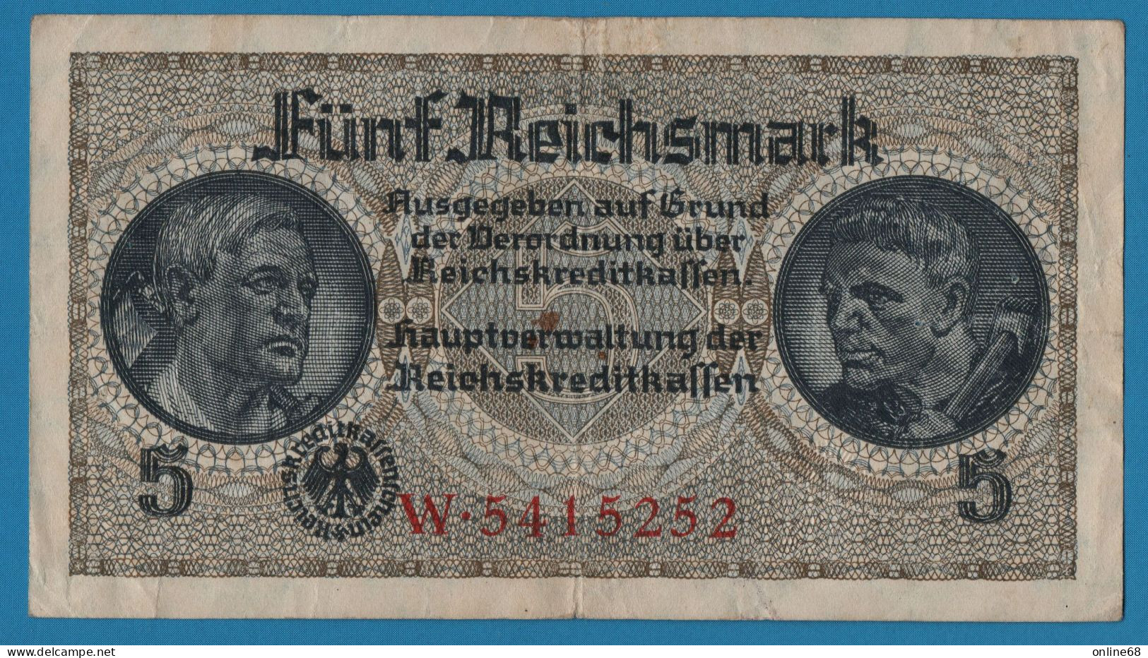 DEUTSCHES REICH 5 MARK ND (1940-1945) # W.541252 P# R138a Occupied Territories - WWII Reichskreditkasse - WW2