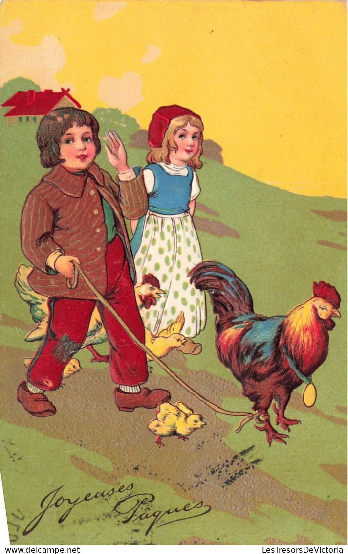 FÊTES - VŒUX - Joyeuses Pâques - Dessins D'enfants - Enfants Promenant Un Coq - Carte Postale Ancienne - Pasen