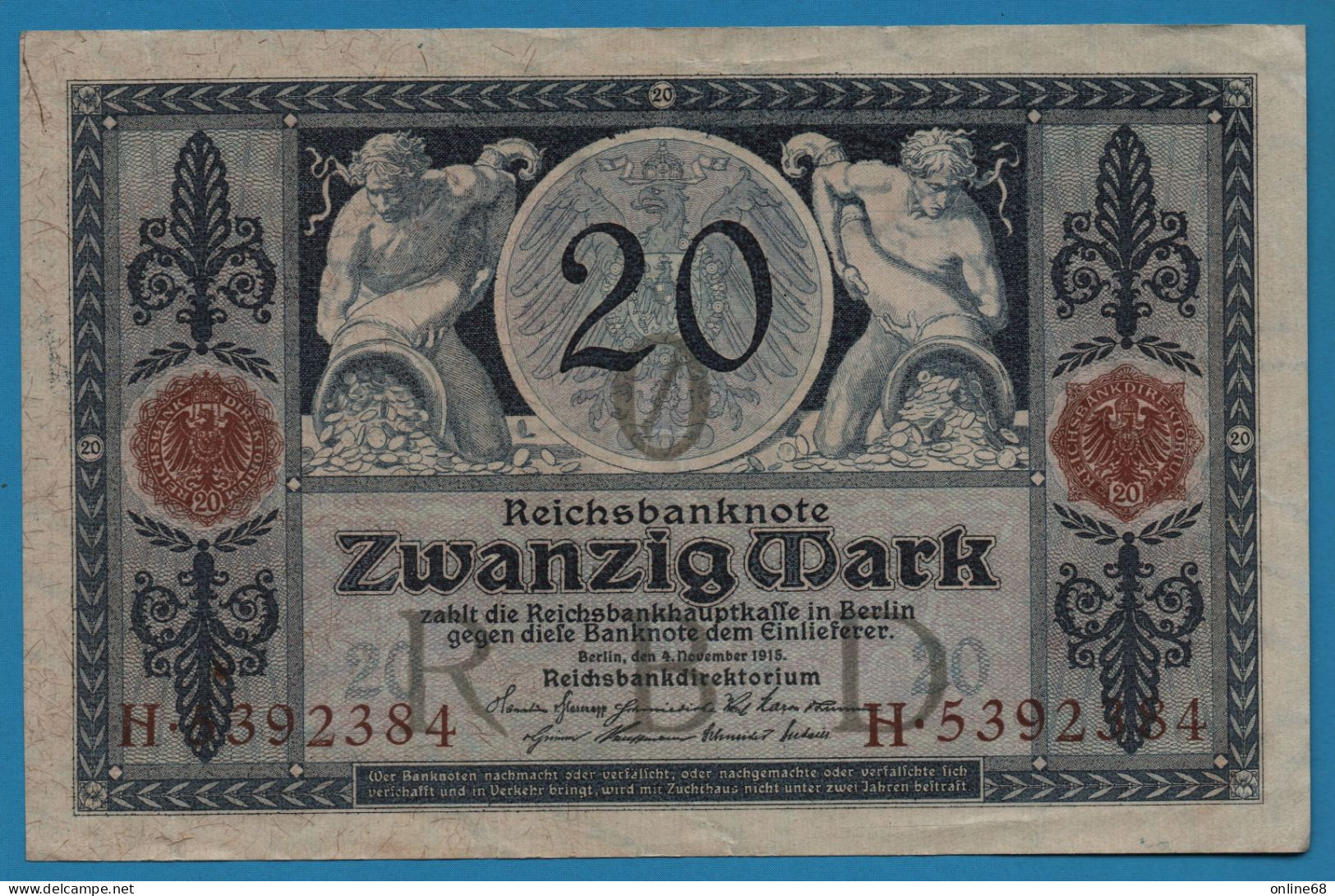 DEUTSCHES REICH 20 MARK 04.11.1915 # H.5392384 P# 63 Reichsbank - 20 Mark