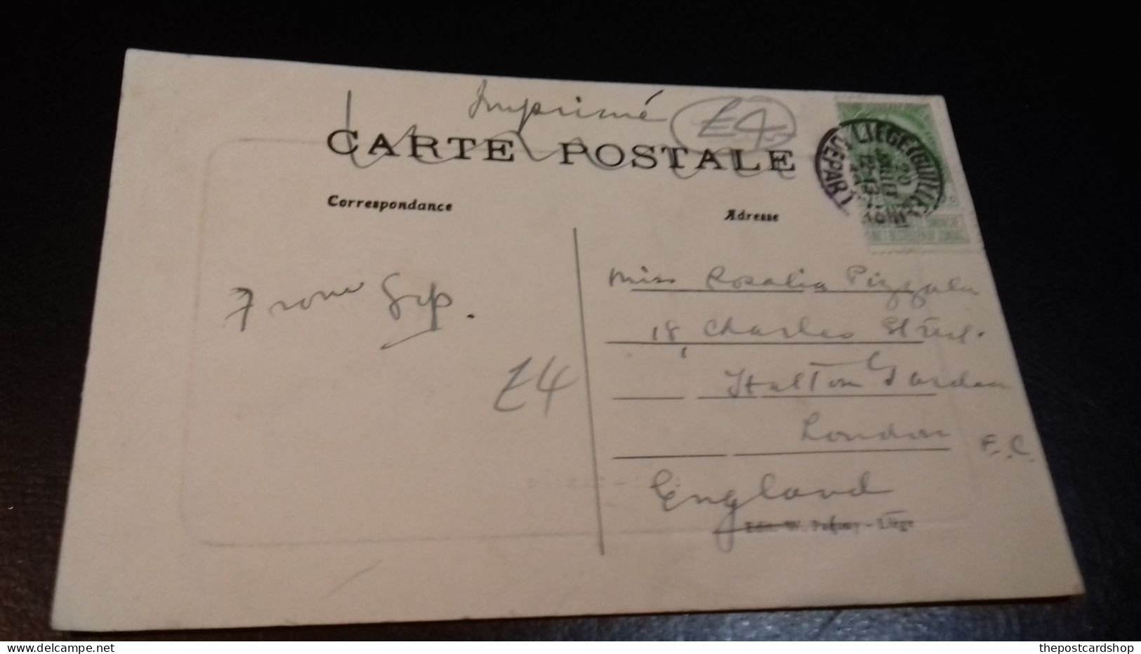 BELGIUM LIEGE TRINK HALL GOOD 1910 POSTMARK TO MISS ROSALIA PIZZALA 18 CHARLES STREET HATTON GARDEN LONDON EC - Liege