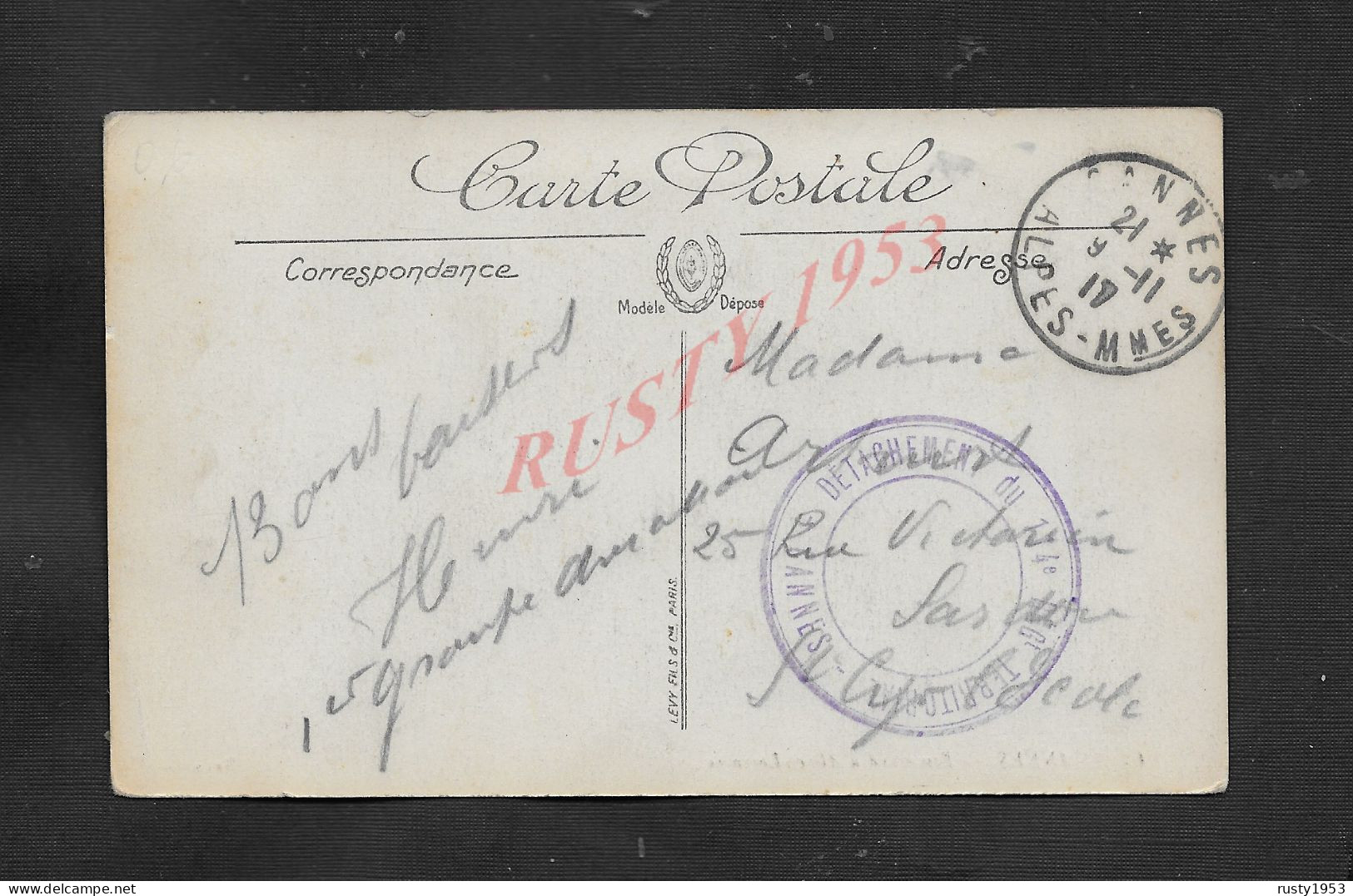 MILITARIA CPA CANNES EN FRANCHISE MILITAIRE CACHET DU 114e Reg TERRITORIAL : - Croix-Rouge