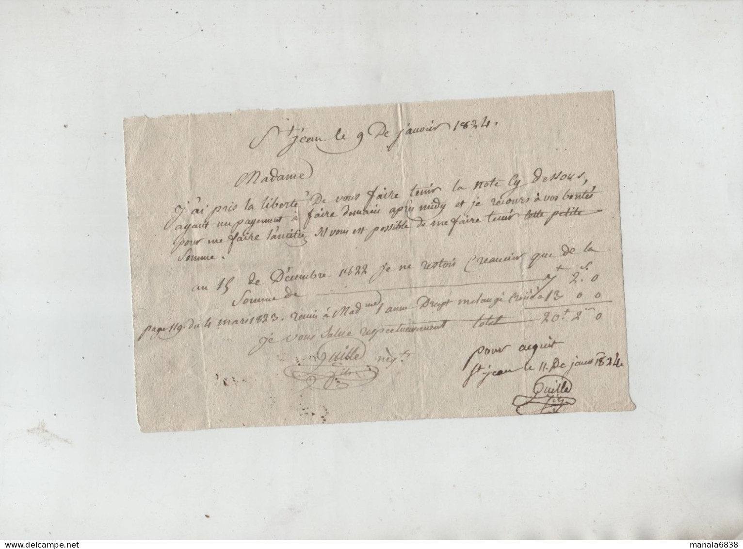 Guille Marchand Drapier Saint Jean D'Arves 1824 Note De Paiement - Zonder Classificatie