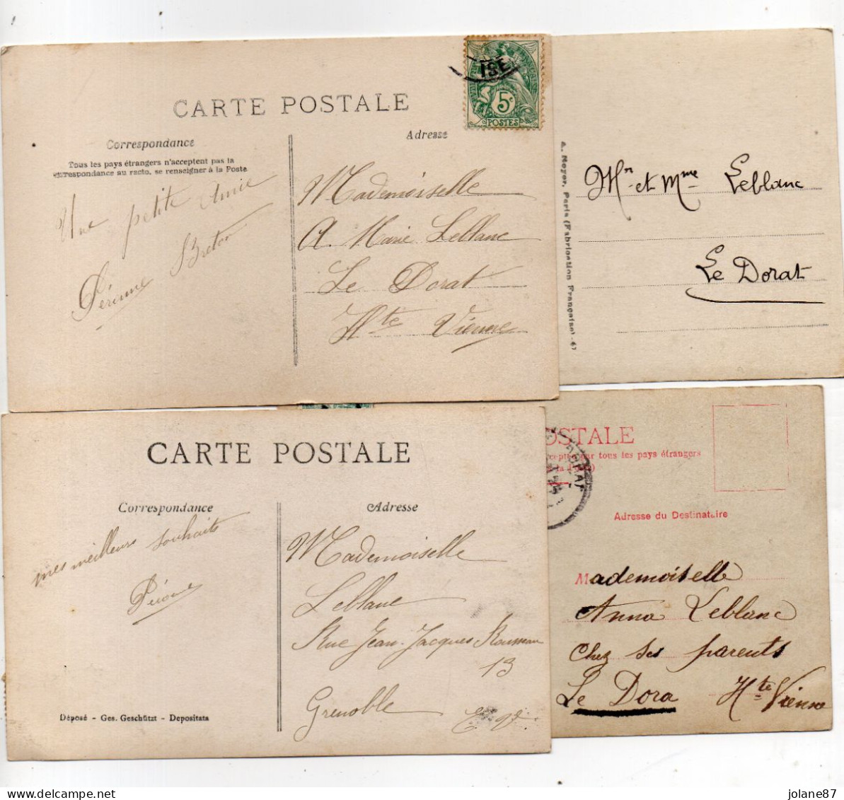 4 CPA     GENEALOGIE LEBLANC ANNA  OU ANNE MARIE HABITANT LE DORAT 87  VERS 1917  OU GRENOBLE TIMBRE 1901 - Genealogy