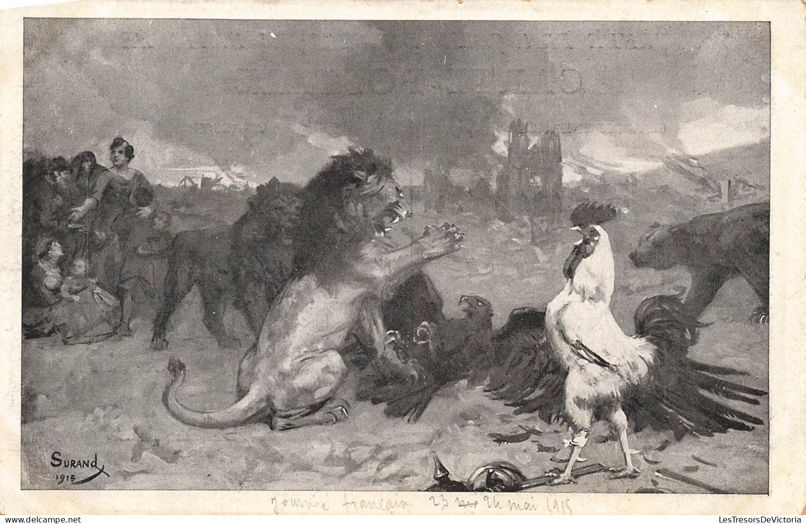 ARTS - Tableau - Surand 1915 - Un Lion Et Un Coq Se Liguant Contre L'aigle - Grande Guerre - Carte Postale Ancienne - Peintures & Tableaux