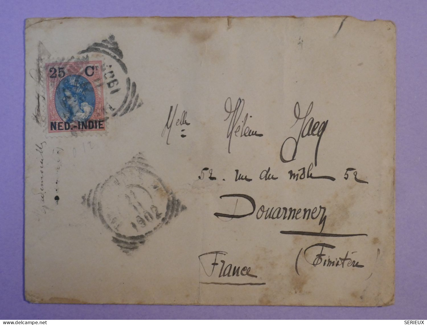 V45 INDE NEERLANDAISE BELLE  LETTRE  1902   A DOUARNENEZ FRANCE +SURCHARGE+AFF. INTERESSANT+++++ + - Nederlands-Indië
