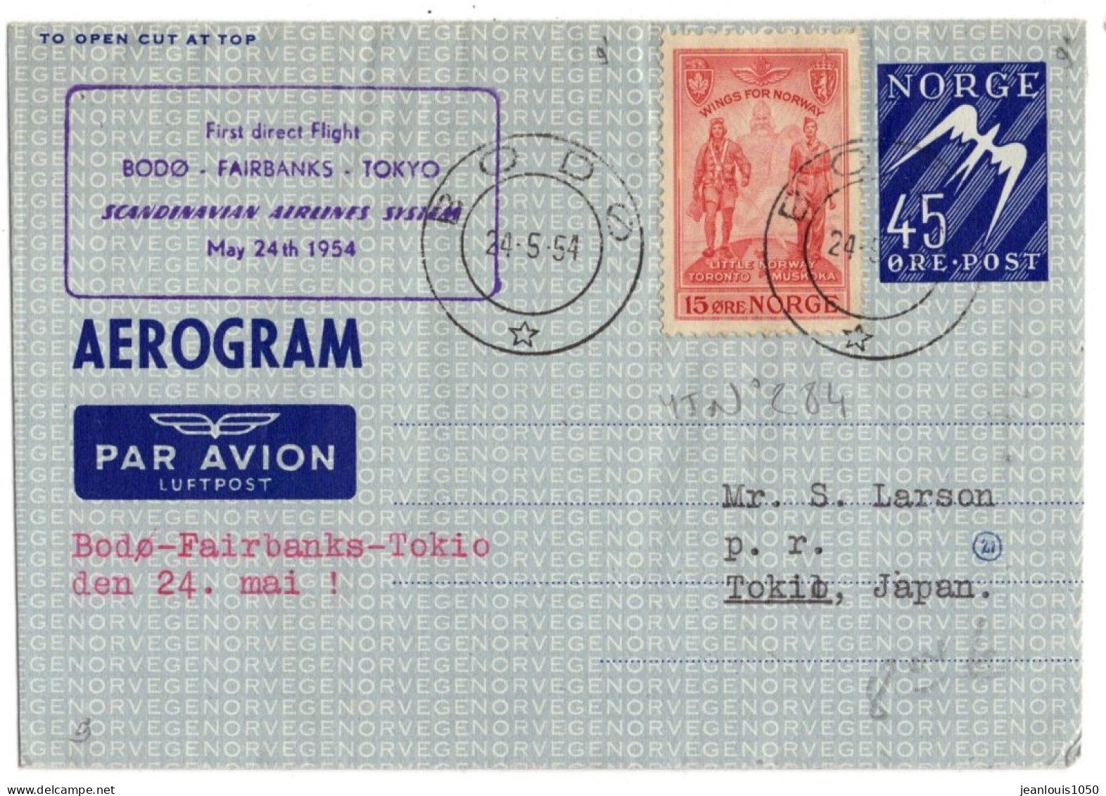 NORVEGE AEROGRAMME 45 ORE AVEC COMPLEMENT OBLITERE PREMIER VOL DIRECT BODO TOKYO DIRECT 24 5 1954 - Covers & Documents