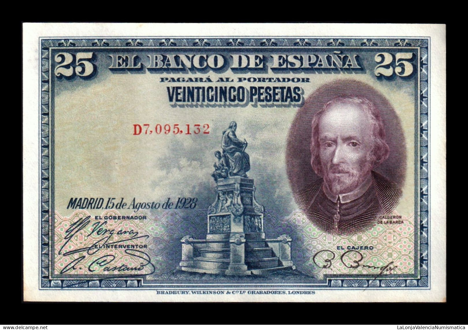 España Spain 25 Pesetas Calderón 1928 Pick 74a Serie D Sc- AUnc - 1-2-5-25 Pesetas