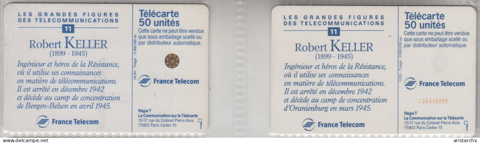 FRANCE 1994 ROBERT KELLER RESISTANCE 2 DIFFERENT CARDS - 1994