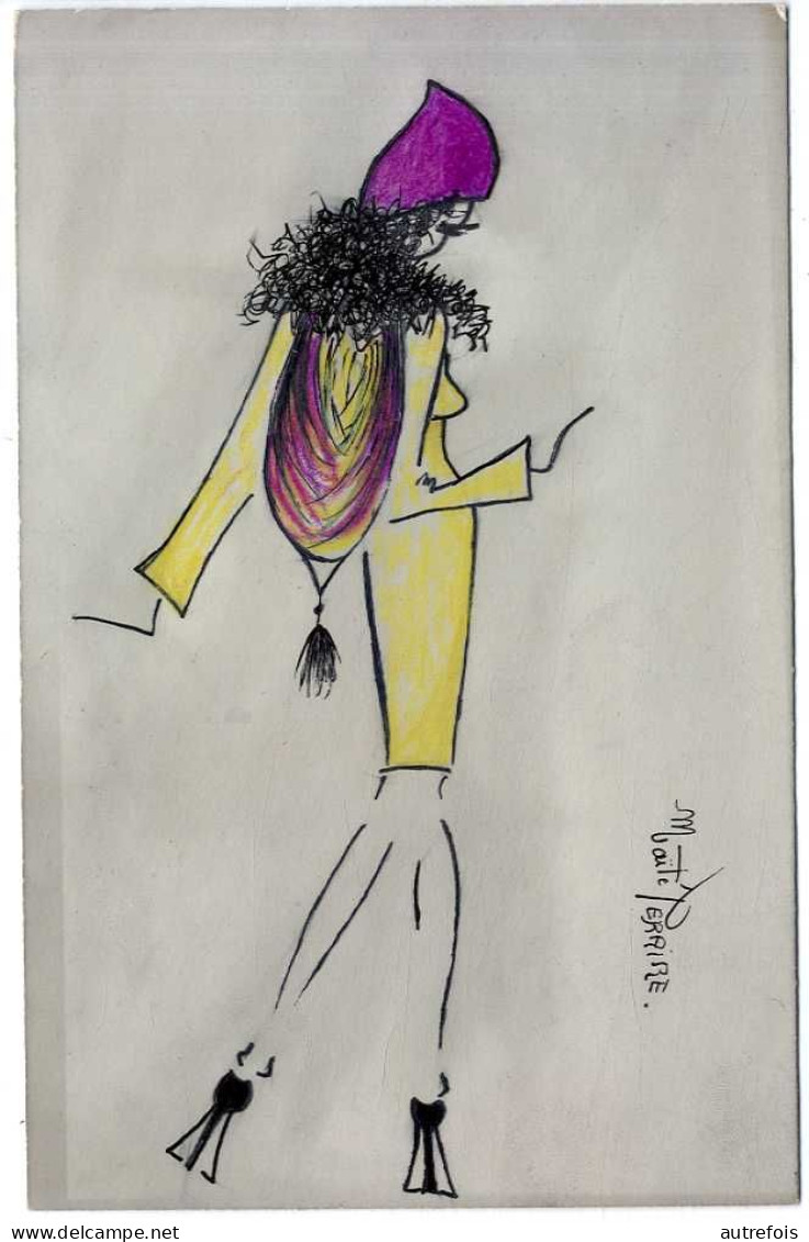 DESSIN PASTEL REPRESENTANT UNE FEMME DEFILE MODE   REALISE SUR CARTE POSTALE  SIGNE MAITE PERAIRE - Pastelli