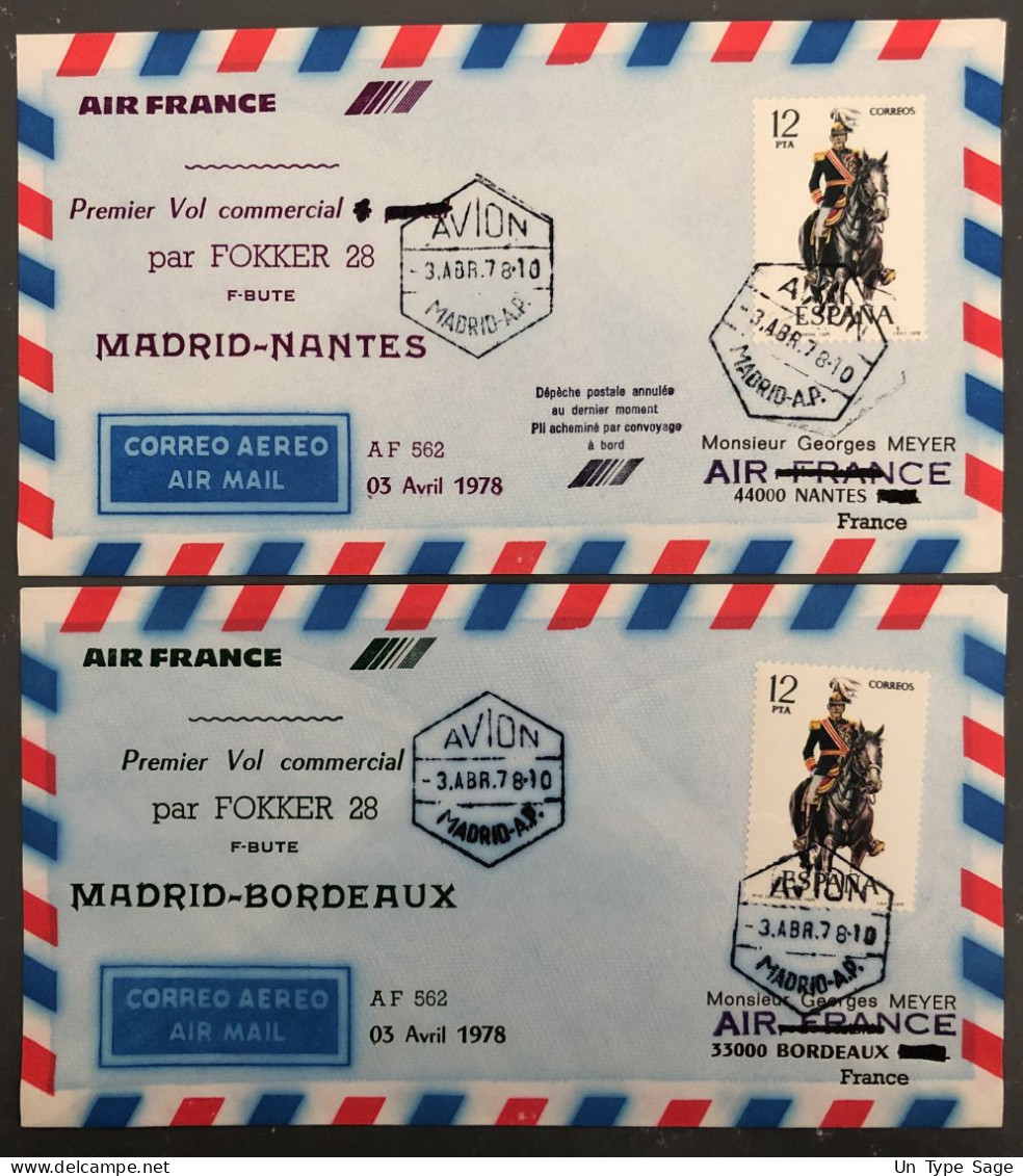 France, 2 Enveloppes Premier Vol Par FOKKER 28 Vers L'Espagne 3.4.1978 - (B1421) - Primi Voli