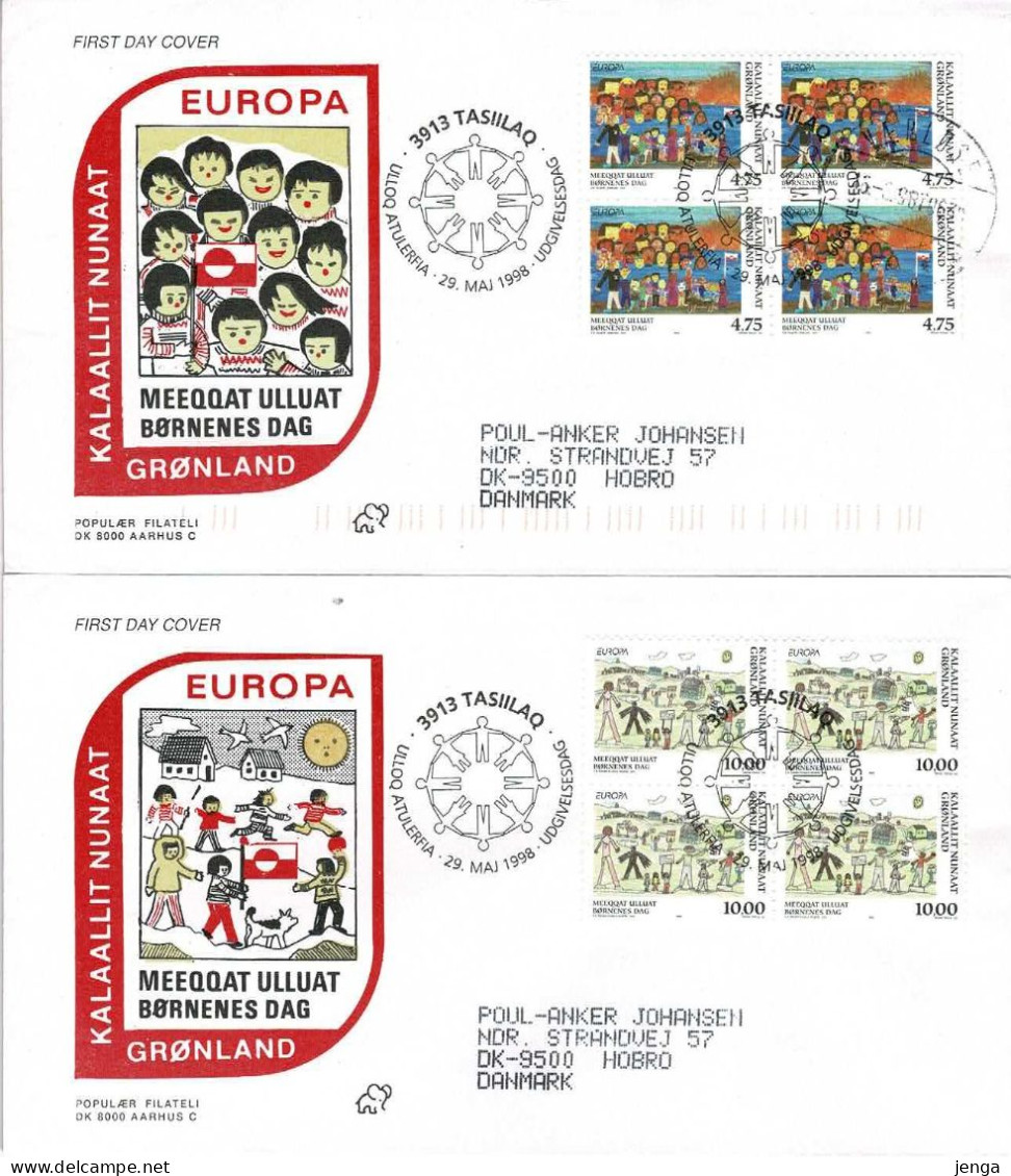 Greenland 1998, Europa - CEPT;  Set Of 2 In Block Of 4 On FDC (Populær Filateli). - 1998