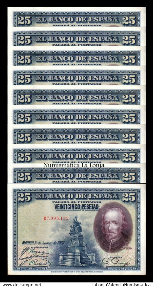 España Spain Lot 10 Banknotes 25 Pesetas Calderón 1928 Pick 74a Serie D Sc- AUnc - 1-2-5-25 Pesetas