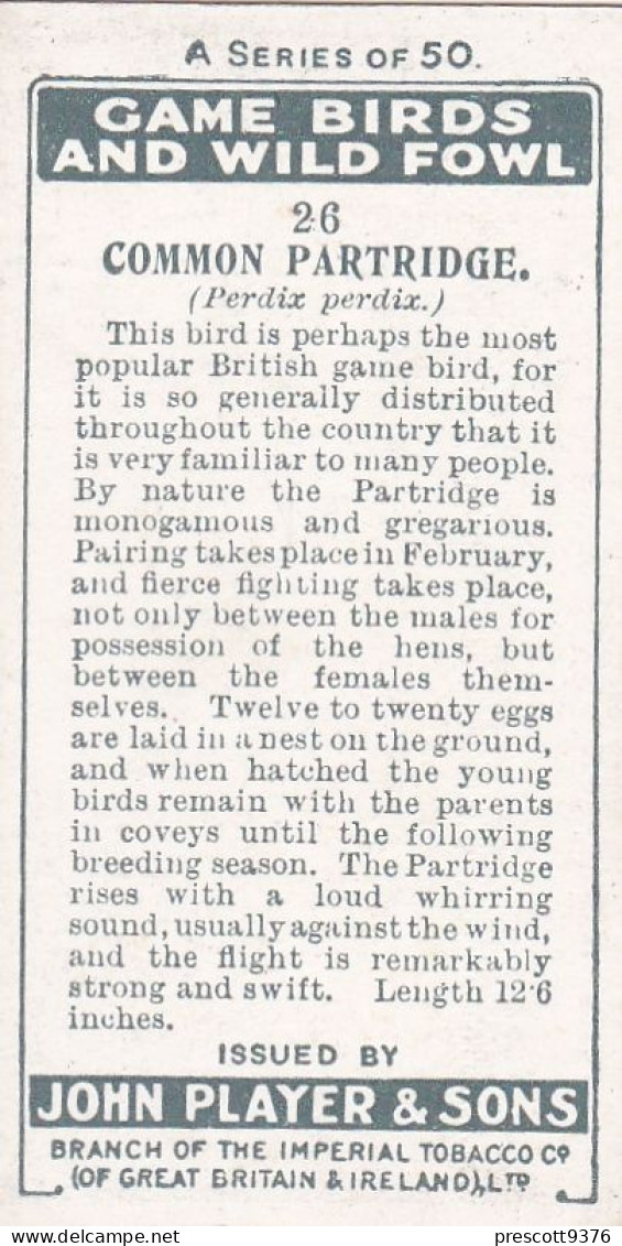 26 Common Partridge  - Game Birds & Wildfowl 1927  - Players Cigarette Card - Original - Player's