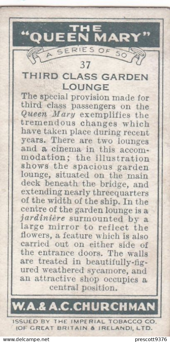 The Queen Mary 1936 -  Churchman Cigarette Card - Original - 37 Third Class Garden Lounge - Churchman