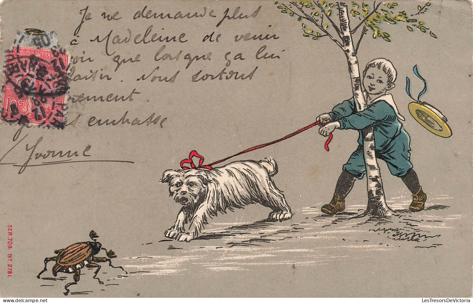 ILLUSTRATEUR - L'enfant Tenant Le Laisse De Chien Aboyant Au Cafard - Colorisé - Carte Postale Ancienne - Autres & Non Classés