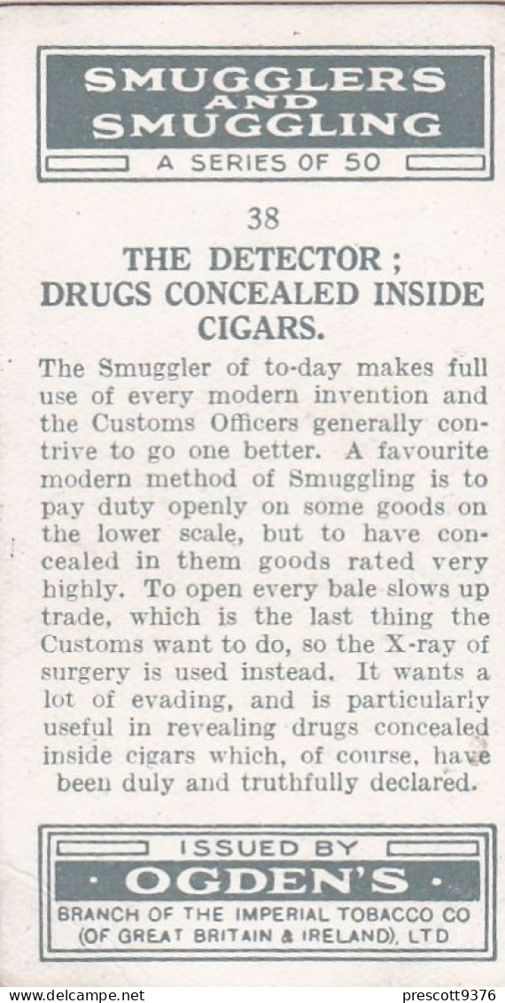 Smugglers & Smuggling 1932 -  Ogden Cigarette Card - Original - 38 Drugs Inside Cigars - Ogden's