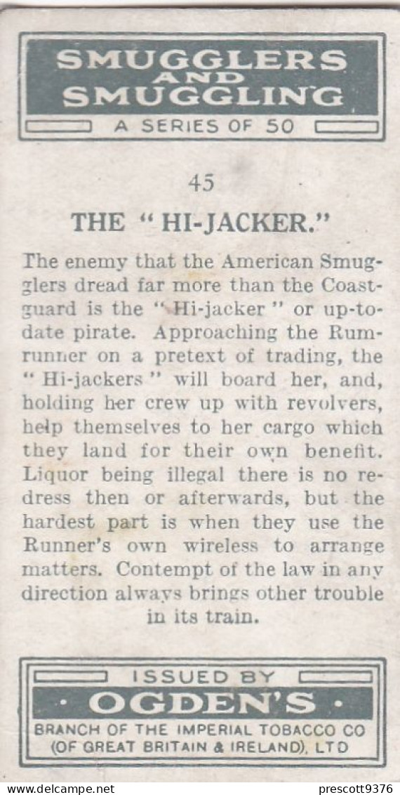 Smugglers & Smuggling 1932 -  Ogden Cigarette Card - Original - 45 The Hi Jacker - Ogden's