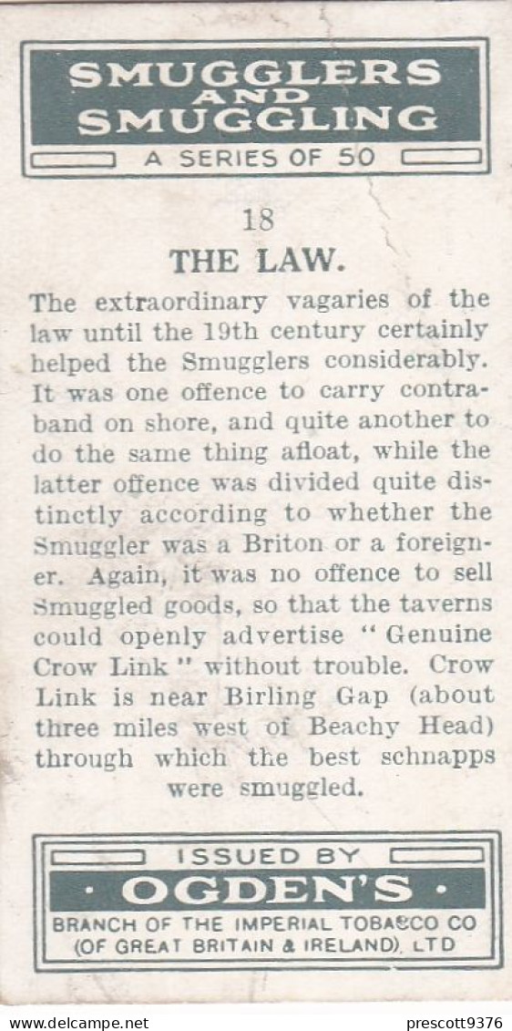 Smugglers & Smuggling 1932 -  Ogden Cigarette Card - Original - 18 The Law - Ogden's