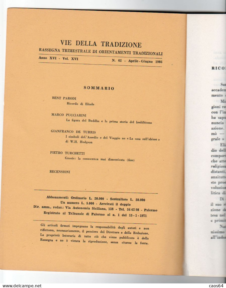 Vie Della Tradizione 62 - 1986 Indice Visibile - Religion