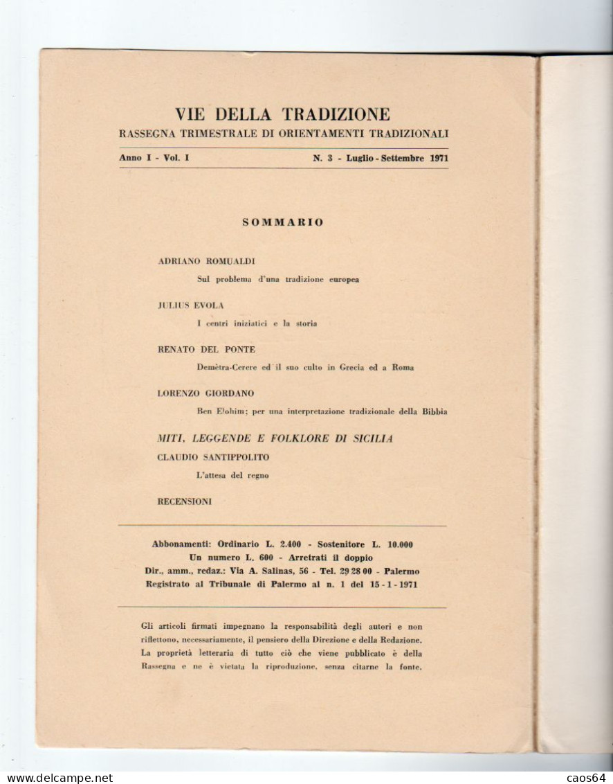 Vie Della Tradizione Vol. 1 N. 3 - 1971 Evola  Indice Visibile - Religione